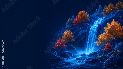 Bright blue waterfall flowing through an enchanted forest with orange autumn foliage. autumn fall season waterfall landscape illumination mystical wilderness environment. autumn. fall season