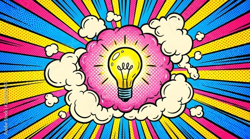 Bulb with clouds pop art retro. Comic book style.