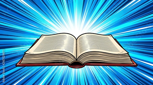 blue and white background of the book in comic style pop art superhero lightning blast halftone dots 