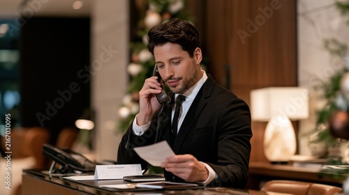 A man in a suit is on the phone at a hotel reception desk while holding a paper