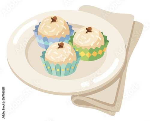 Illustration of three beijinho de coco brazilian coconut brigadeiro sweets served on a white plate with a napkin