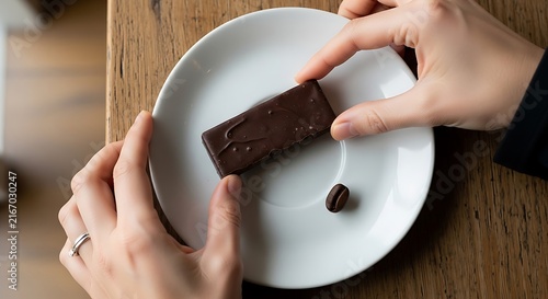 Hands holding chocolate bar over coffee bean and plate.