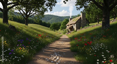 Pathway through a sunlit meadow leading to a log cabin home.