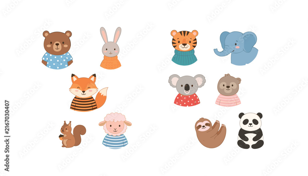 Naklejka premium Cute baby animals avatar icon set vector illustration cartoon kids nursery characters wearing sweaters bear tiger fox elephant panda