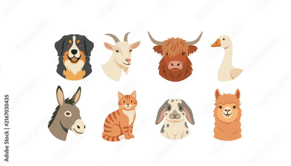 Naklejka premium Cute farm animal avatar icon sticker set vector illustration cartoon domestic pets portraits collection dog goat cow alpaca