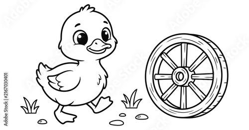 фотографія Cute little duckling standing next to a wooden wagon wheel in a simple black and