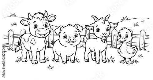 Fotografie Cute farm animals standing together in a field for a fun coloring page activity