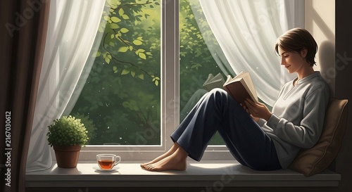 Woman reading book by window with tea and plant, relaxed and peaceful.