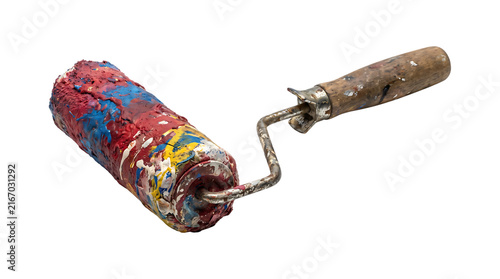 Old Used Paint Roller with Colorful Paint Stains Isolated for Renovation and Artistic Painting Projects