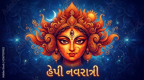 Indian Goddess Kali Maa on dark blue background. Goddess Durga Face. Religious festival of Hinduism Kali puja or Shyama Puja. Happy Durga Puja Subh Navratri 