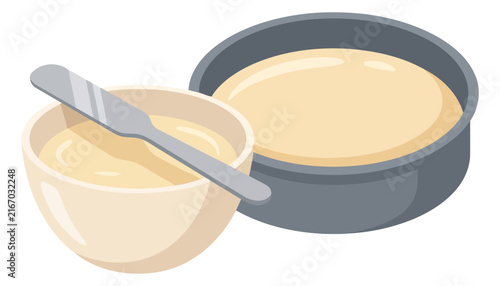 Vector illustration of a bowl with batter and a spreading knife next to a round cake pan filled with cake batter, isolated on white background