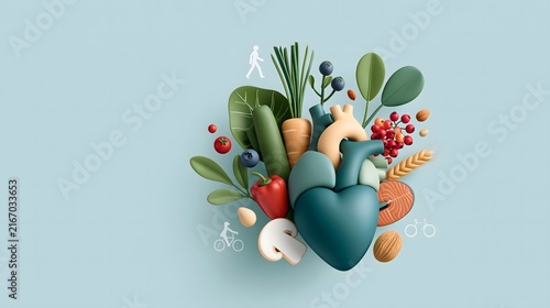 premium 3D cardiovascular wellness illustration, anatomical heart surrounded by healthy foods including vegetables, berries, salmon, whole grains and nuts, subtle walking and cycling symbols