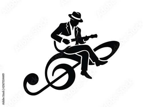 Canvas Print Jazz musician silhouette playing guitar on treble clef, black and white music lo