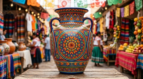 Colorful handcrafted Mexican ceramic vase displayed at a vibrant outdoor market celebrating Hispanic heritage and traditional pottery artistry.
