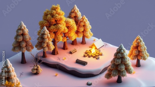 Stylized miniature forest scene. Trees surround campfire, tent. Soft lighting, pastel colors create cozy atmosphere. Simple shapes, digital art.