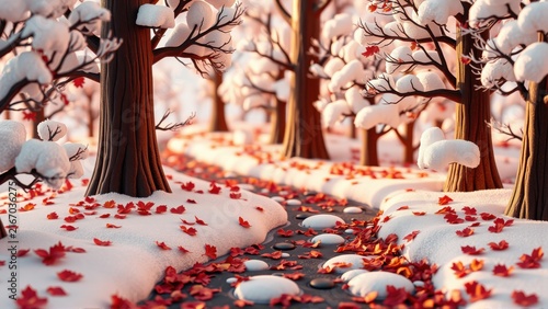 Stylized forest scene. Snow covers ground, trees. Red leaves scattered near small stream. Warm light creates cozy atmosphere.