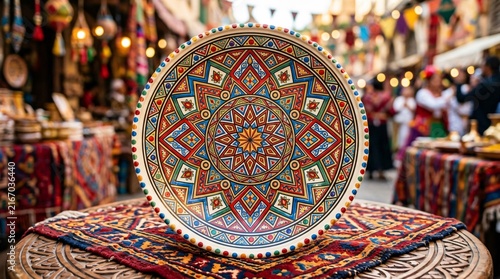 Hand-painted ceramic plate with colorful geometric patterns in an artisanal Hispanic market setting, celebrating traditional folk crafts.
