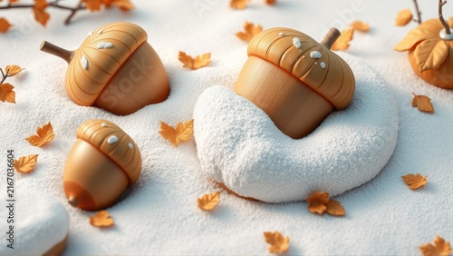 Stylized acorns rest upon snowy surface. Autumn leaves scatter around, creating cozy winter scene. Soft lighting enhances textures.