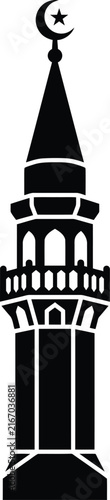 Traditional mosque minaret topped with Islamic crescent star emblem icon
