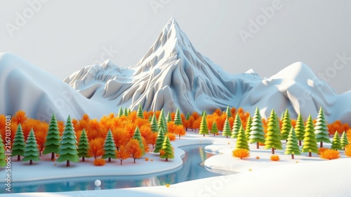 Low poly landscape. Mountains, river, trees present. Autumn colors contrast with snow. Peaceful scene, digital art style.