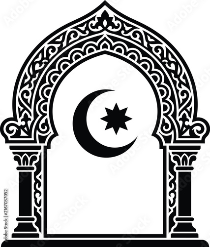 Elegant Islamic mihrab arch with crescent moon and eight pointed star
