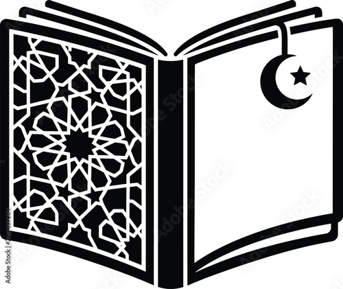 Traditional Islamic holy book open with decorative pattern and crescent
