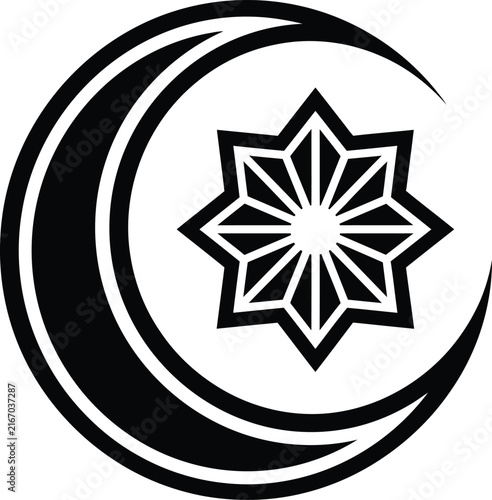 Minimalist black crescent wrapping around intricate eight pointed star design
