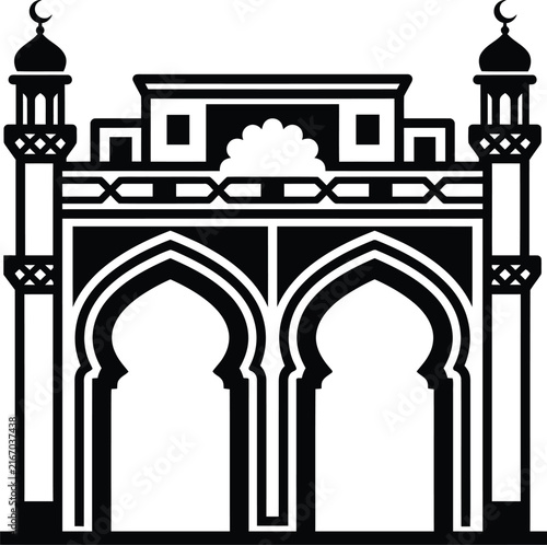Black Islamic mosque gate with two arches and minarets decoration
