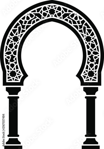Elegant Islamic arch door with decorative lattice pattern and pillars
