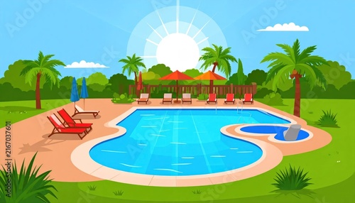 Swimming pool with palm trees sunny day.