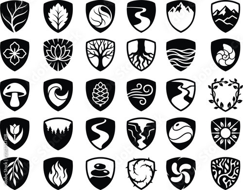Eco shield badges with tree flower river wave elements pack
