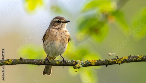 Pequeño pájaro posado sobre una rama con musgo y fondo verde desenfocado en un entorno natural