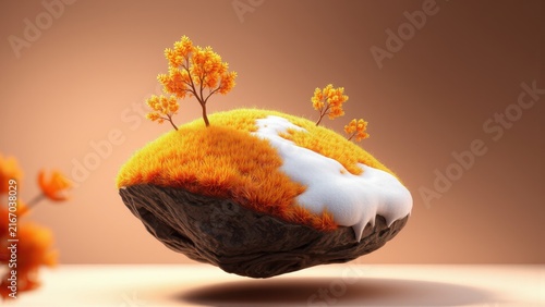 Floating island with orange foliage, snow patches. Minimalist scene, warm lighting, soft shadows. Dreamlike, serene composition.