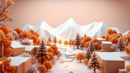 Minimalist landscape. Orange trees contrast with white snow, mountains. Soft lighting creates serene winter scene. Geometry dominates composition.