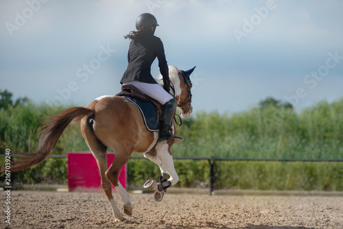 Teenage equestrian girl in her competition attire is participating in show jumping on the course.