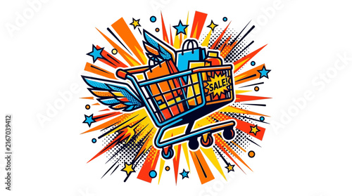 Comic Book Style Shopping Cart Illustration