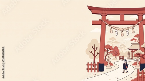 大きな鳥居へ向かう初詣の人物