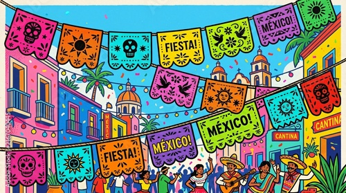 Colorful Mexican fiesta celebration with papel picado banners, mariachi musicians, and traditional dancers for Hispanic Heritage Month.