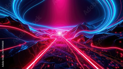 Vibrant neon landscape. Futuristic city glows between mountains. Intense pink light dominates dark background. Lines create dynamic perspective.