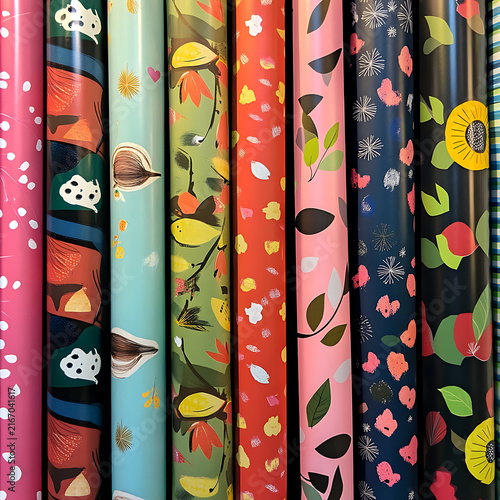 Rolled wrapping papers with floral and abstract designs.