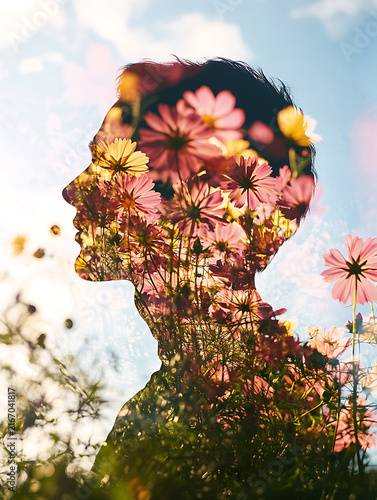 Double exposure male silhouette filled with blooming flowers and greenery.
