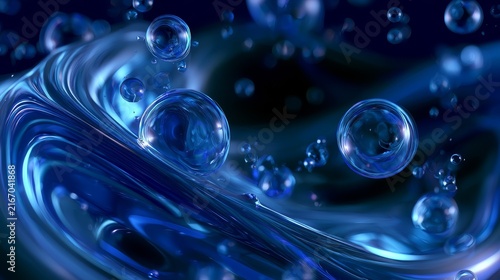 Abstract Luxury Blue Liquid Wallpaper with Transparent Bubbles