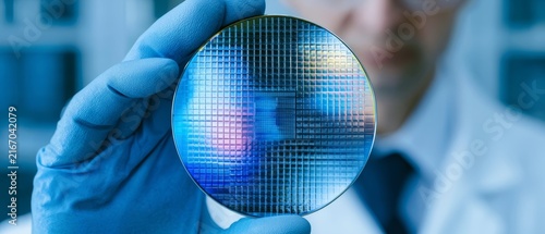 Lab Engineer Holding Transparent Microchip Wafer on White Background