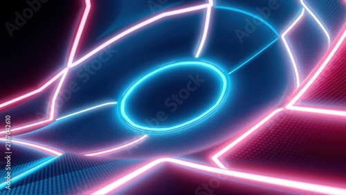 Abstract neon lights form geometric shapes. Pink, blue glow against dark background. Futuristic design evokes energy, speed.