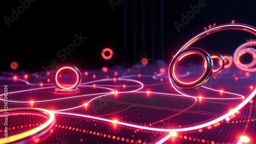 Neon rings float above grid. Pink, purple hues dominate dark background. Futuristic digital landscape evokes technology, data streams.