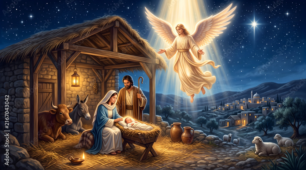 Fototapeta premium Nativity scene with baby Jesus, Mary, Joseph, angel, and animals