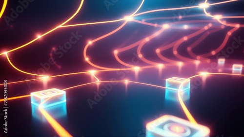 Abstract neon network. Glowing lines connect small illuminated cubes. Dark background emphasizes bright digital pathways. Futuristic concept.