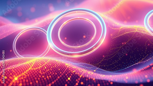 Abstract vibrant waves, glowing rings, particle streams. Digital art, futuristic design, dynamic energy flow. Purple, pink, blue hues dominate composition.