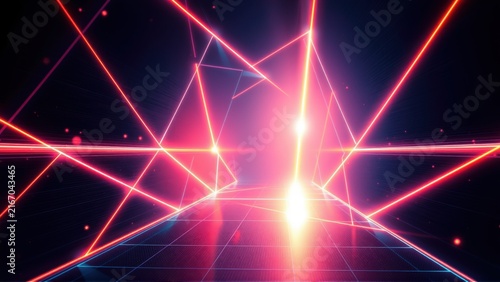 Neon grid, bright lines converge toward central light source. Futuristic aesthetic, dark background creates dramatic effect.