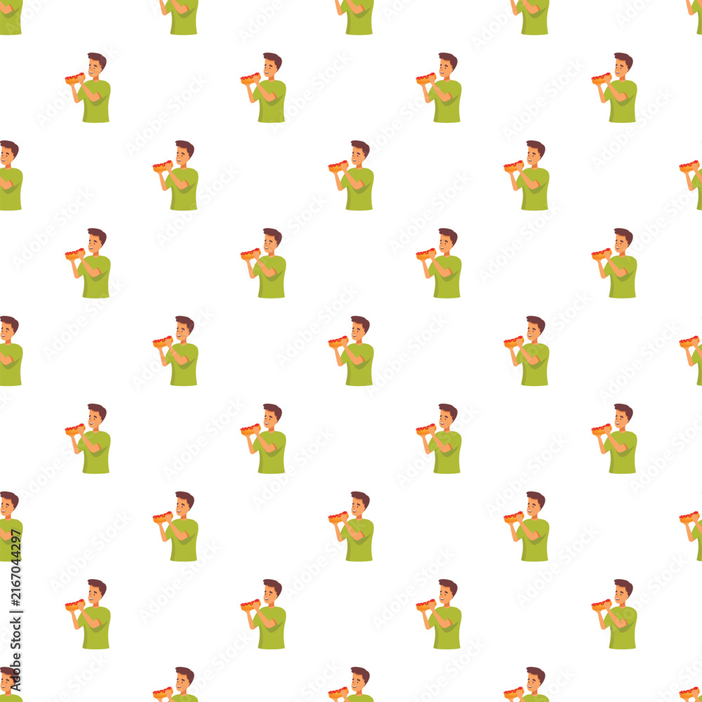 Fototapeta premium Man eating fast food hot dog in a seamless pattern on white background